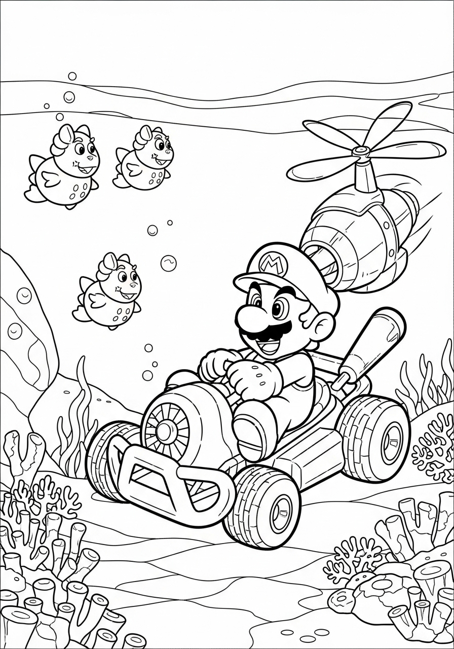 Kart racing underwater with propeller coloring page