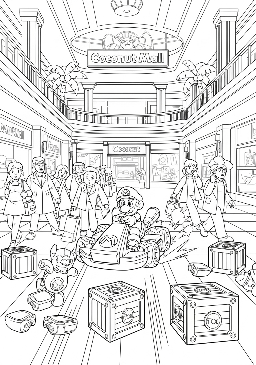 Karts racing inside Coconut Mall coloring page