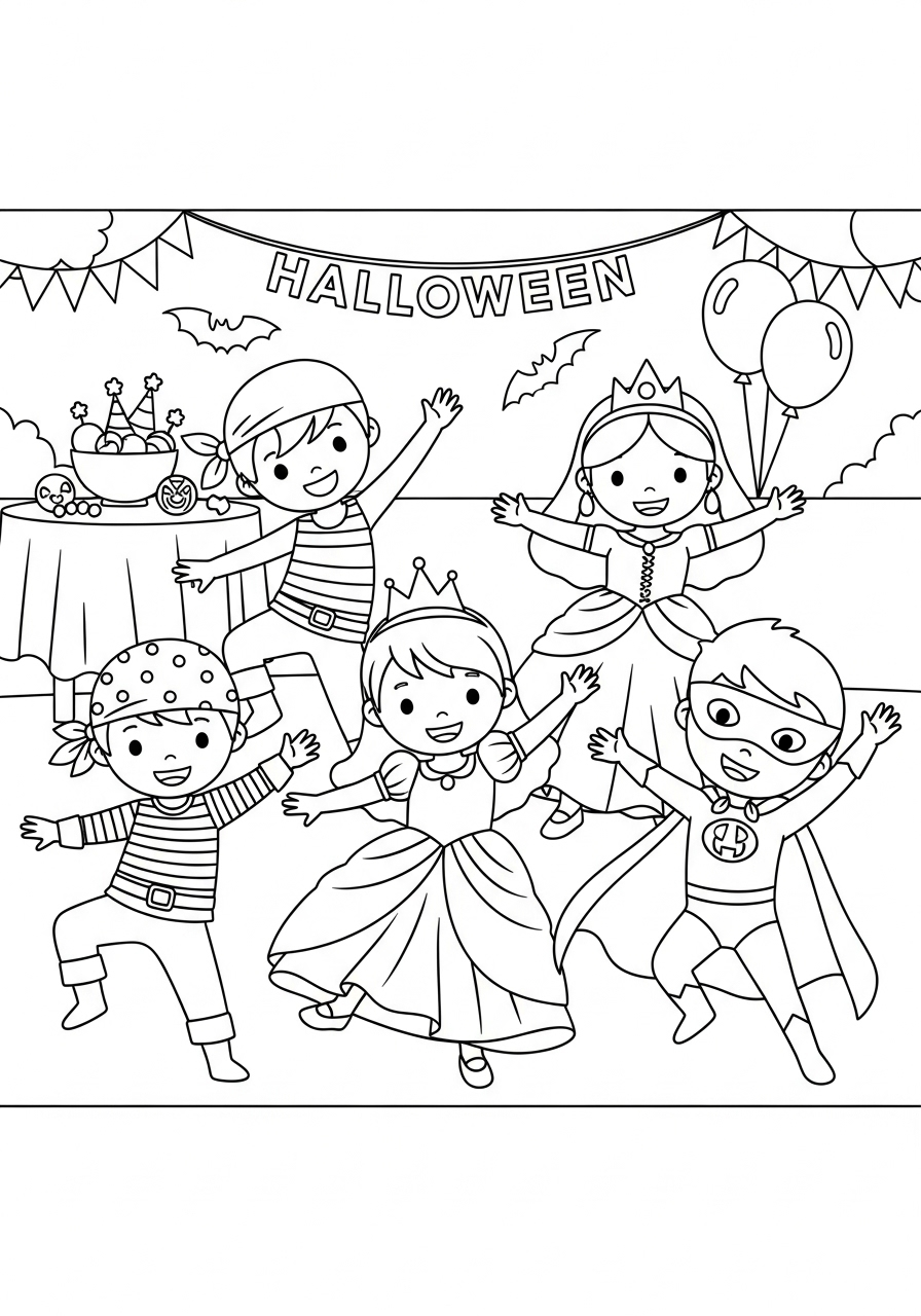 Halloween Coloring Pages 16 Kids in costumes at party coloring page