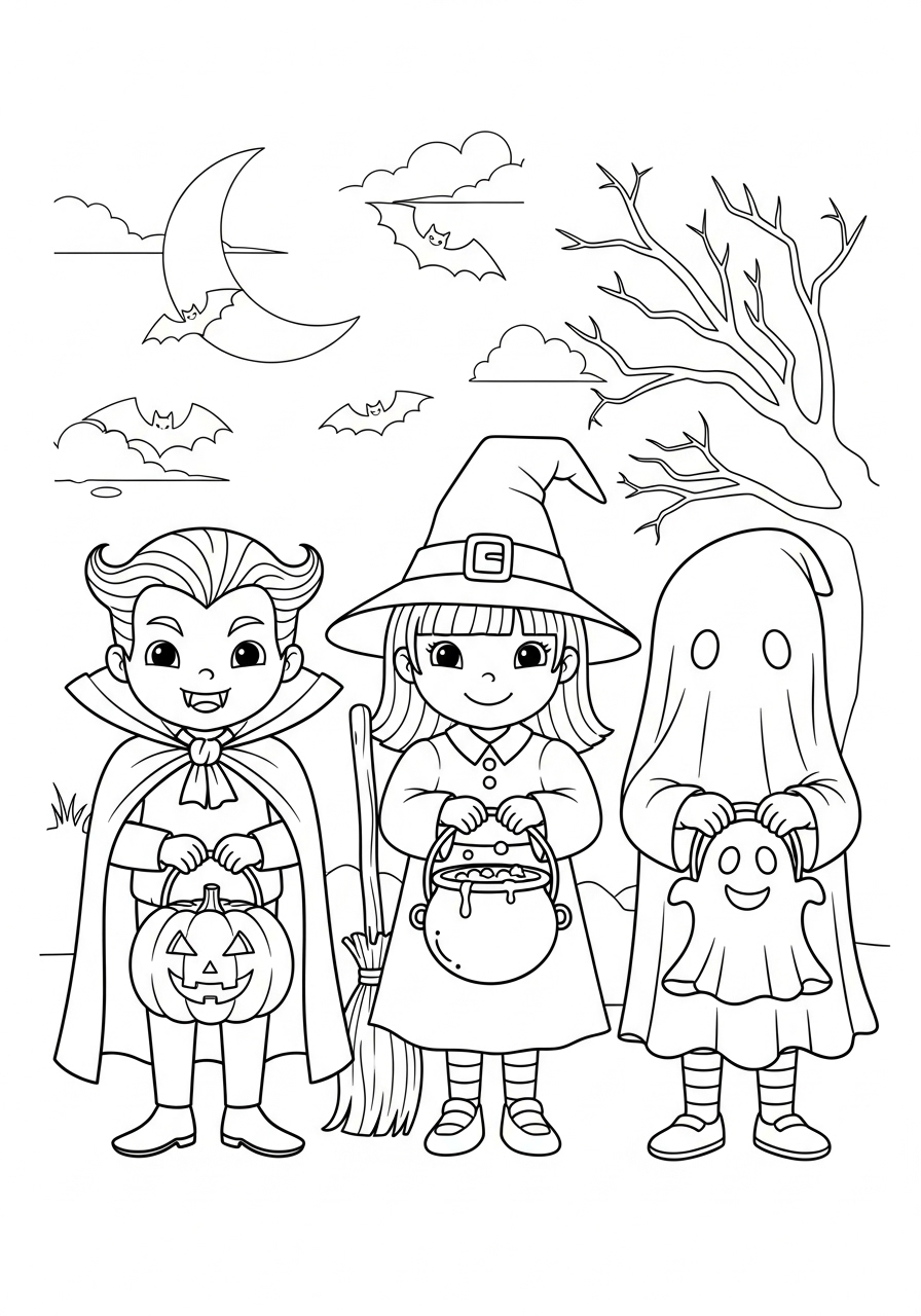 Halloween Coloring Pages 17 Kids in costumes trick-or-treating coloring page