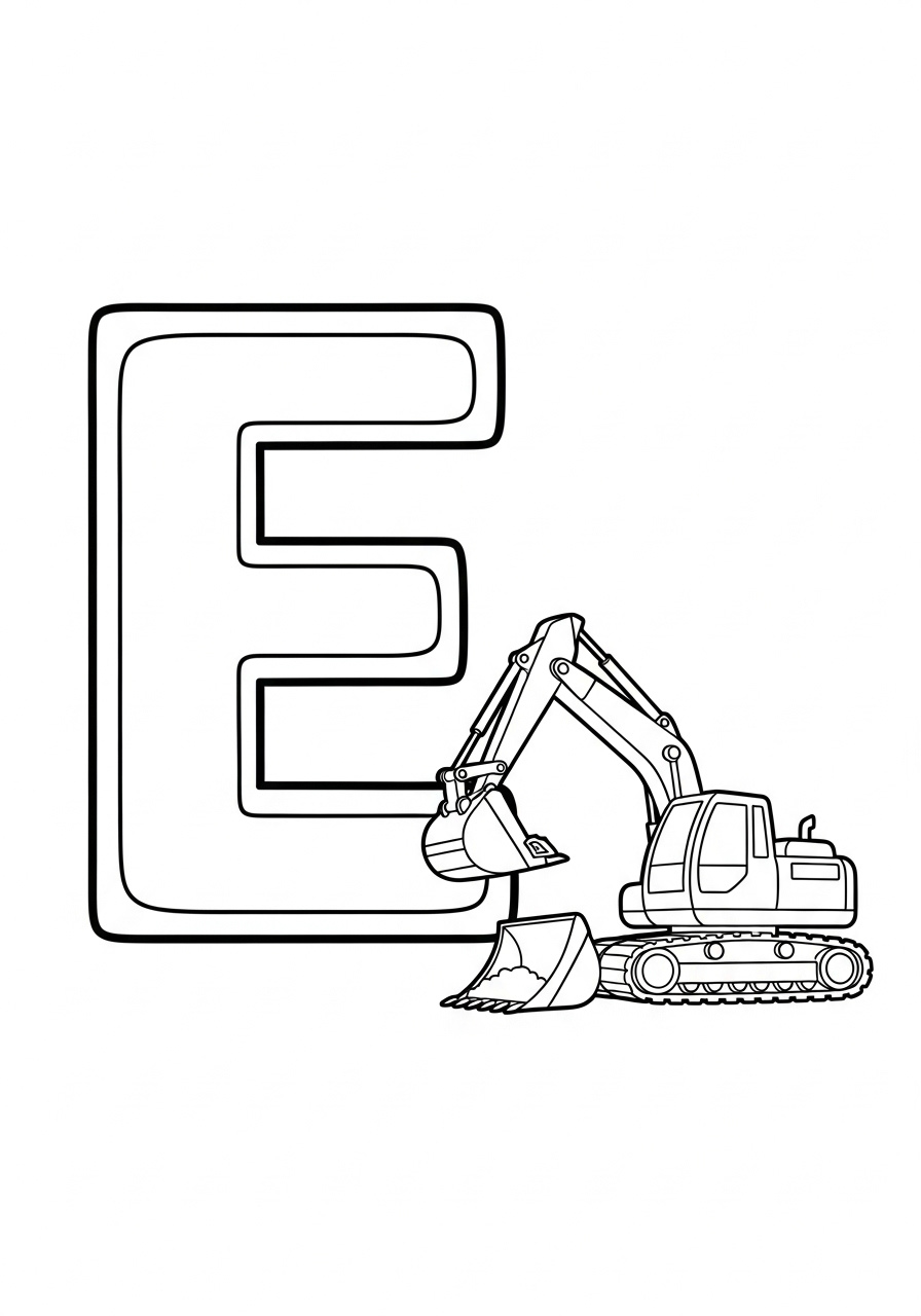 Excavator Coloring Pages 17 Letter E with small excavator coloring page
