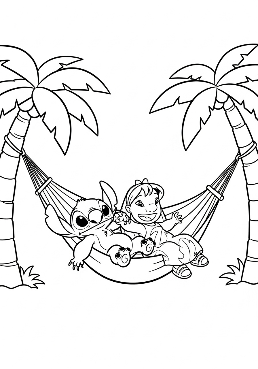 Lilo & Stitch Coloring Pages 5 Lilo and Stitch in hammock coloring page