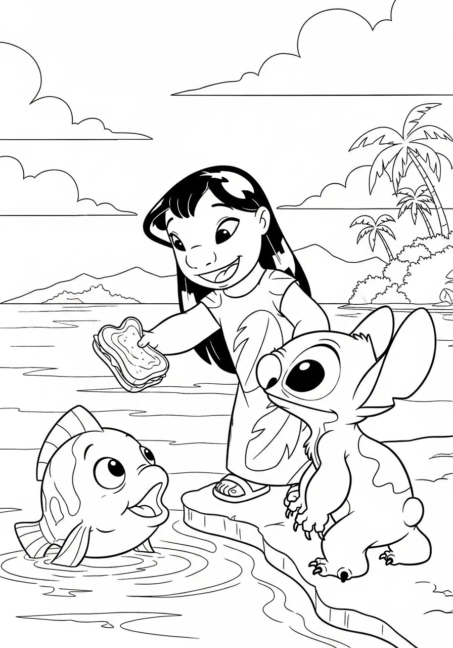 Lilo & Stitch Coloring Pages 6 Lilo feeding Pudge the fish coloring page