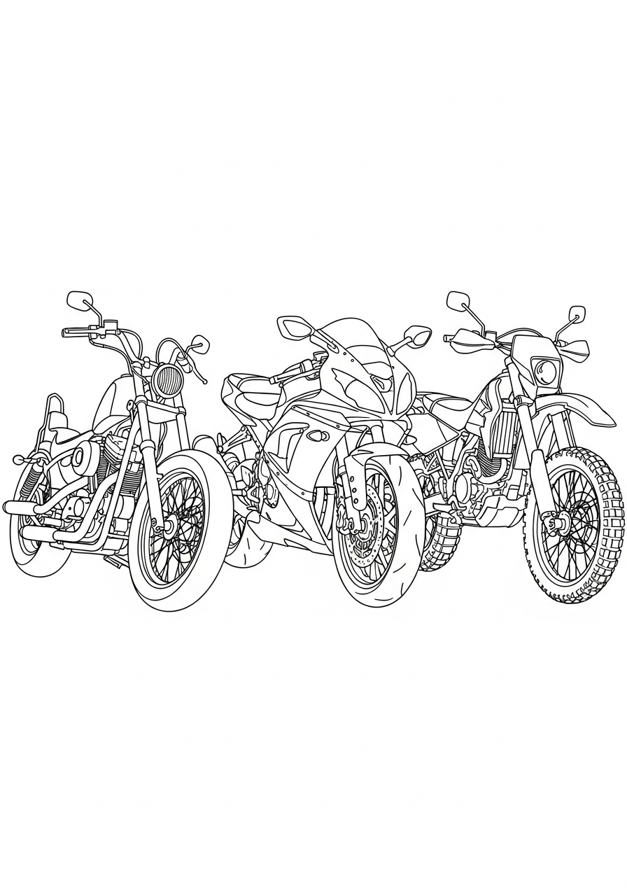 Lineup of three different motorcycle types coloring page