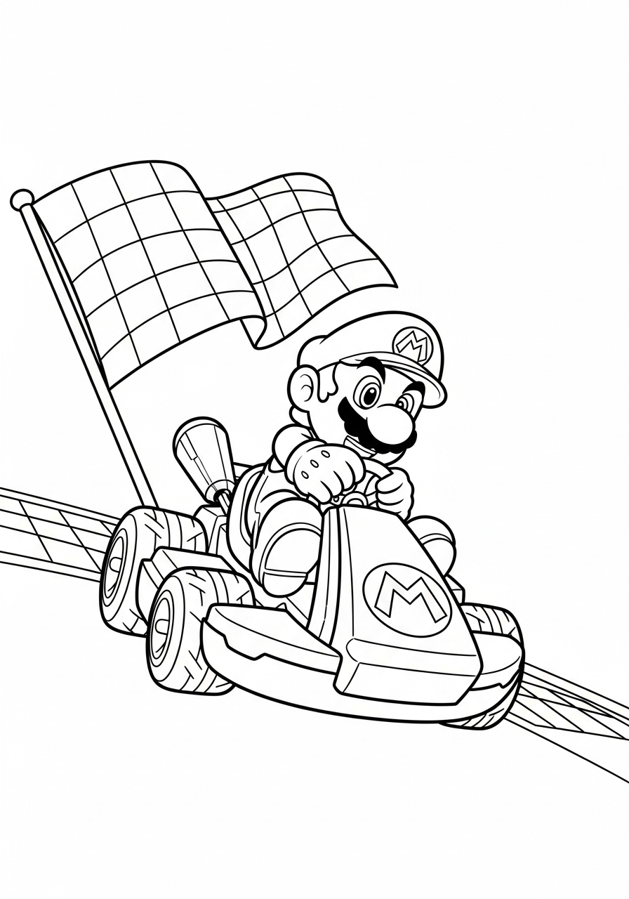 Mario crossing the checkered finish line coloring page