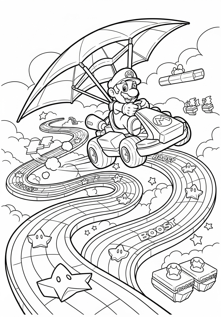 Mario gliding over Rainbow Road coloring page