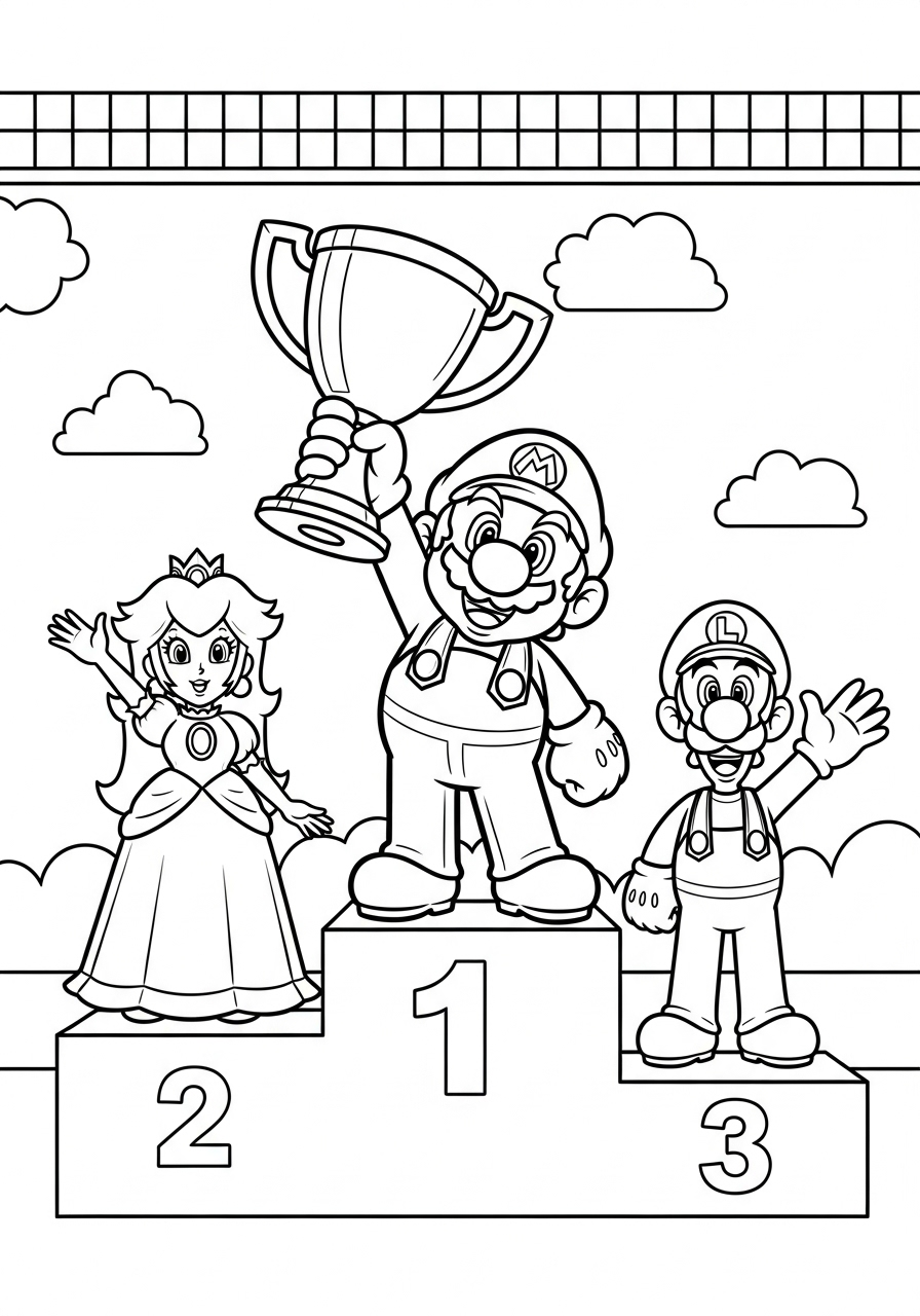 Mario holding trophy on podium coloring page