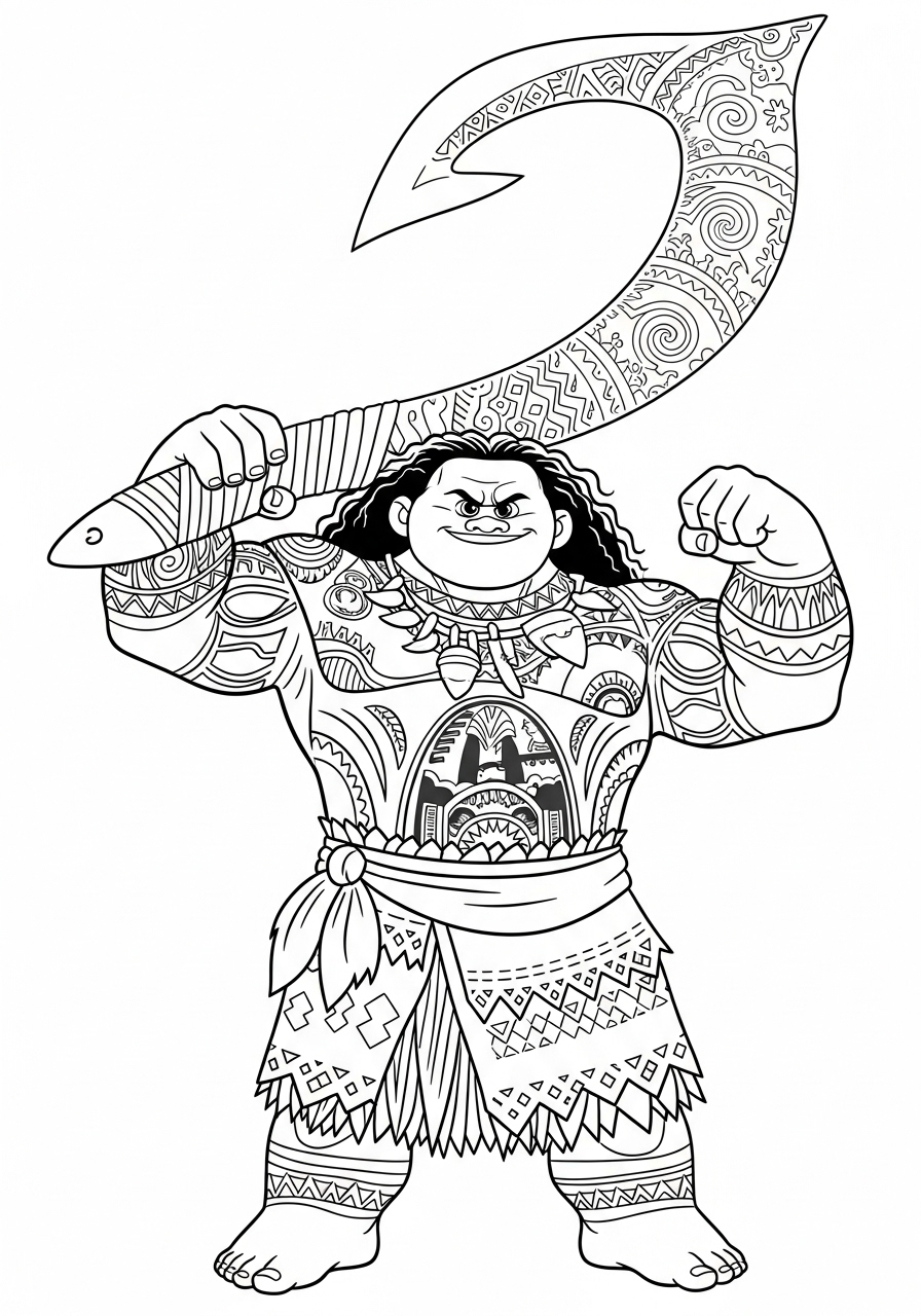 Mighty Maui holding his giant fishhook coloring page