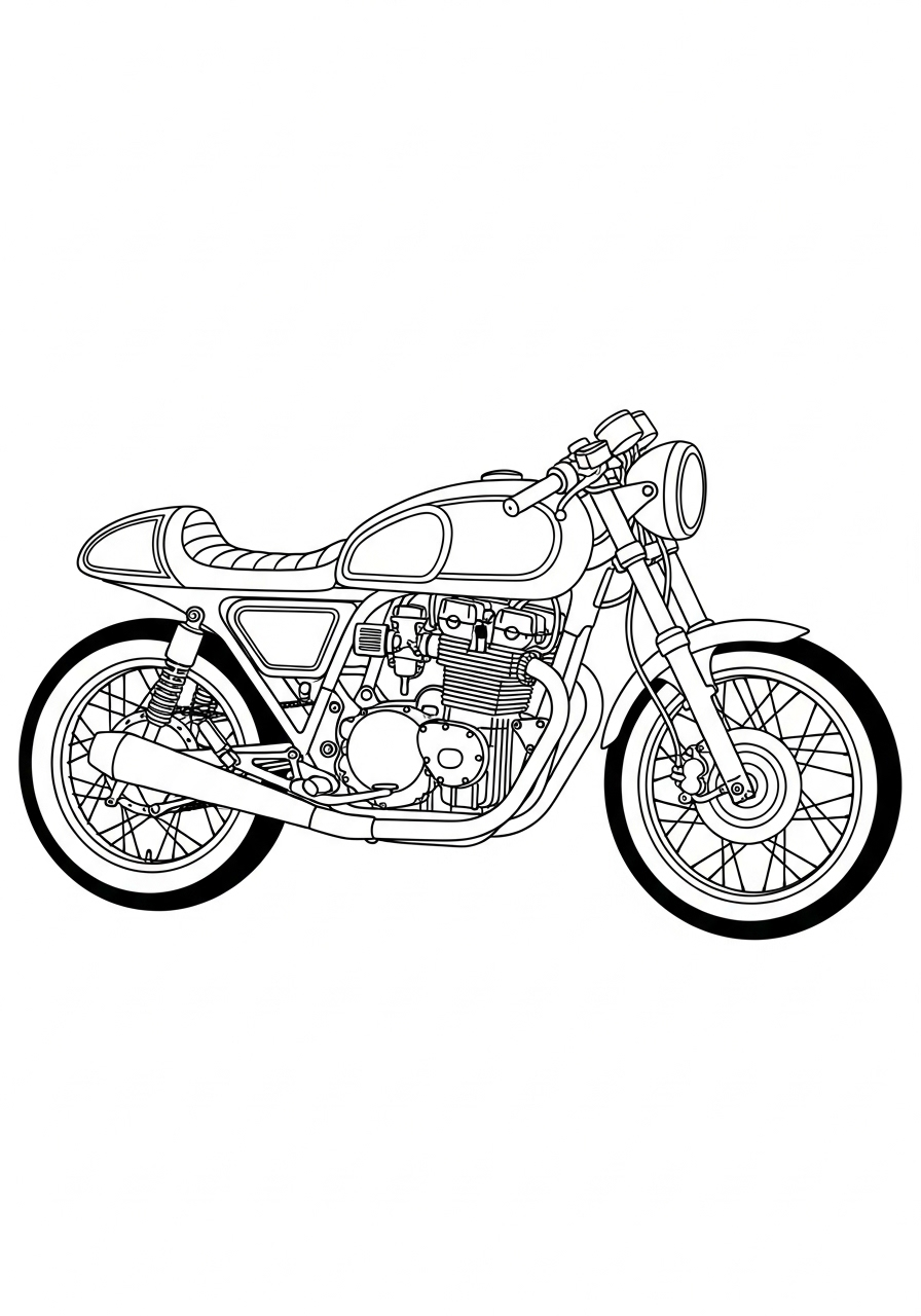 Minimalist café racer motorcycle, side view coloring page