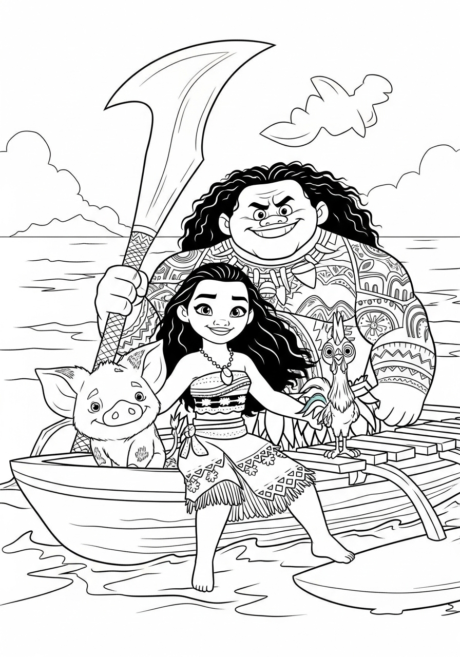 Moana, Maui, Pua, and Heihei coloring page