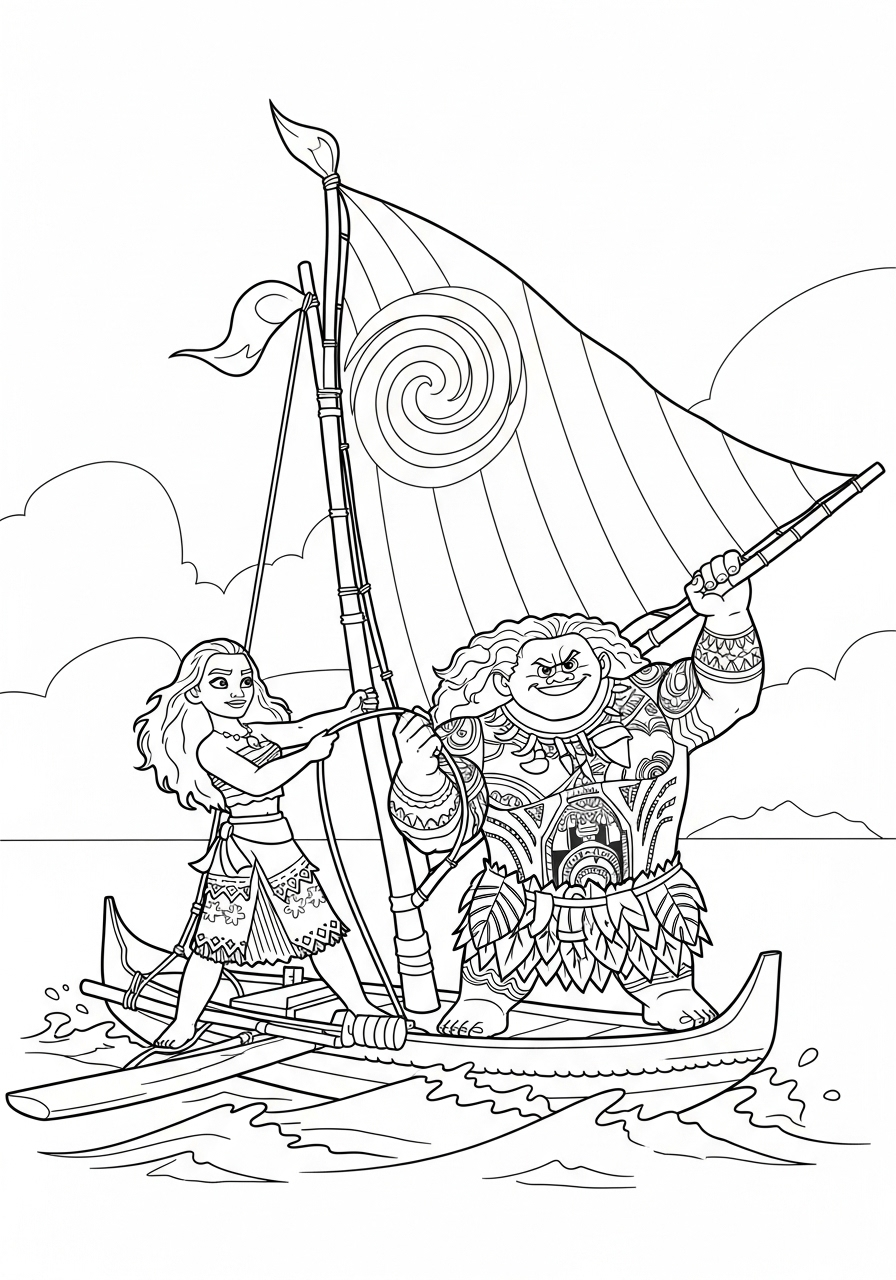 Moana and Maui sailing together coloring page
