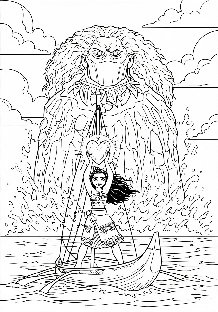 Moana bravely facing lava monster Te Kā coloring page