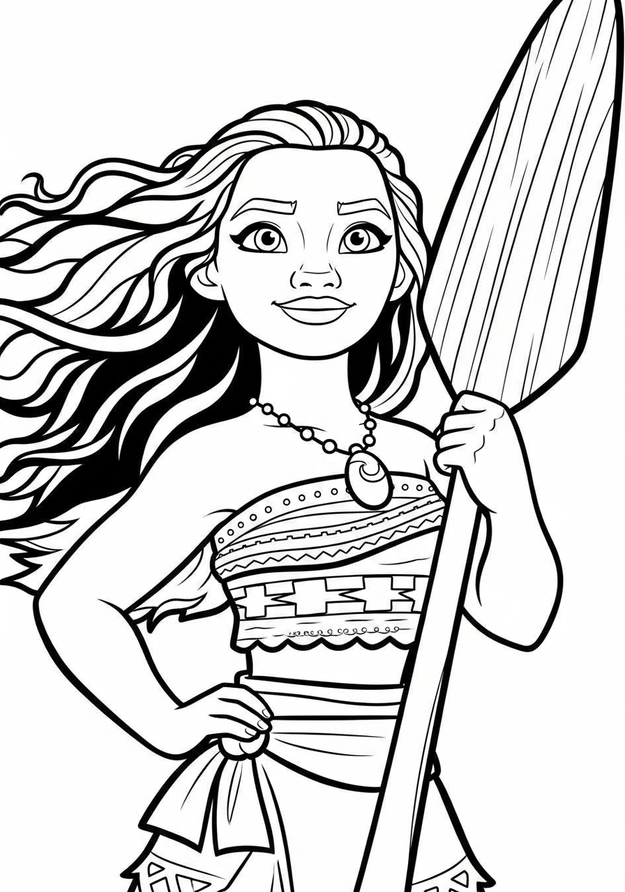 Moana confident portrait with oar coloring page