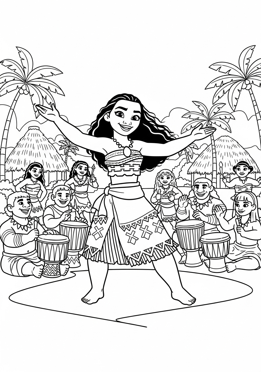 Moana dancing hula in village coloring page