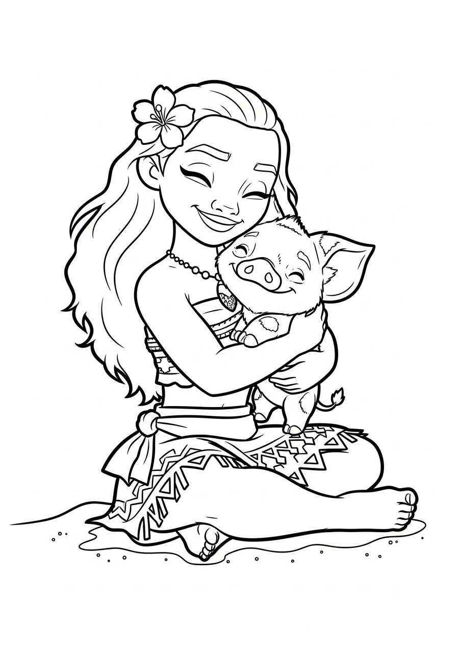 Moana hugging loyal pig Pua coloring page