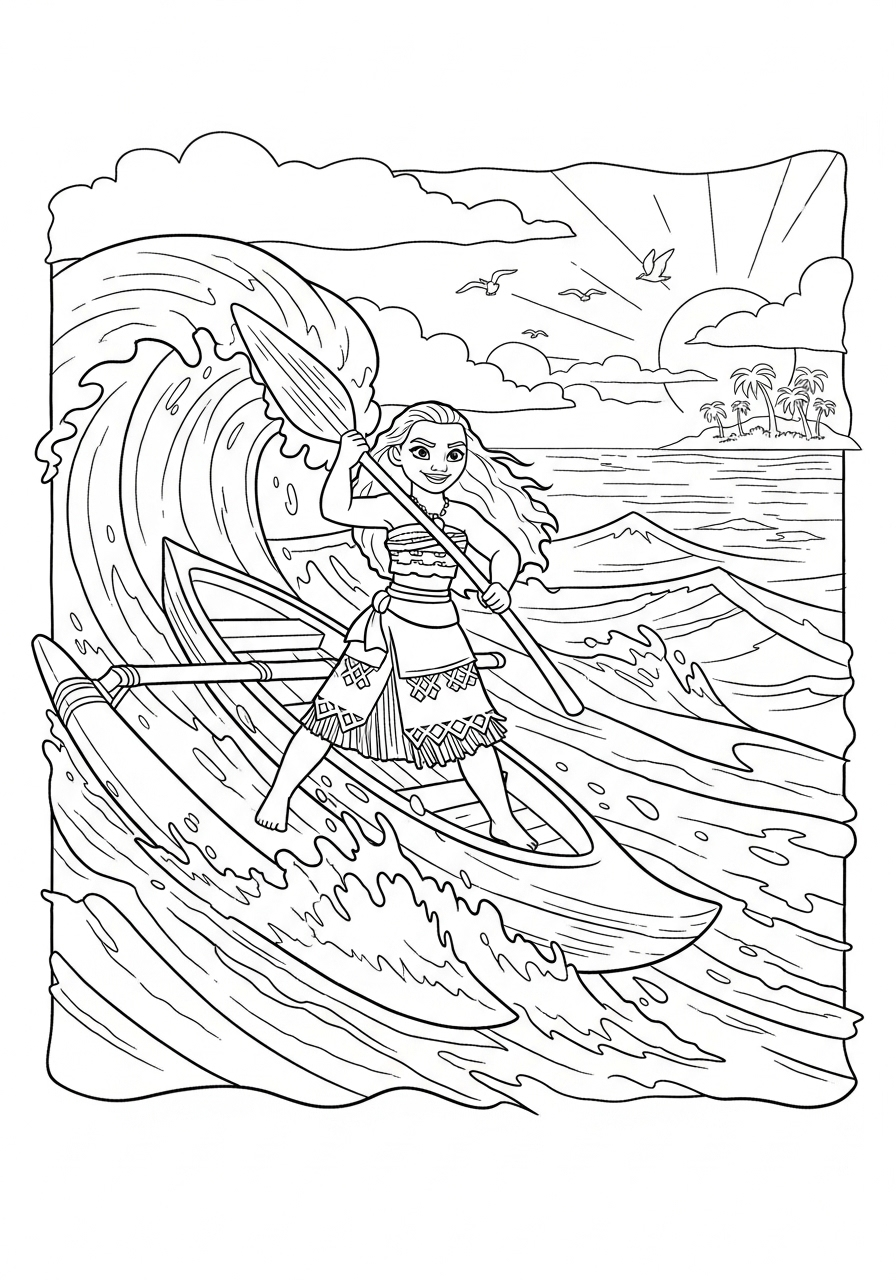 Moana steering her outrigger canoe coloring page