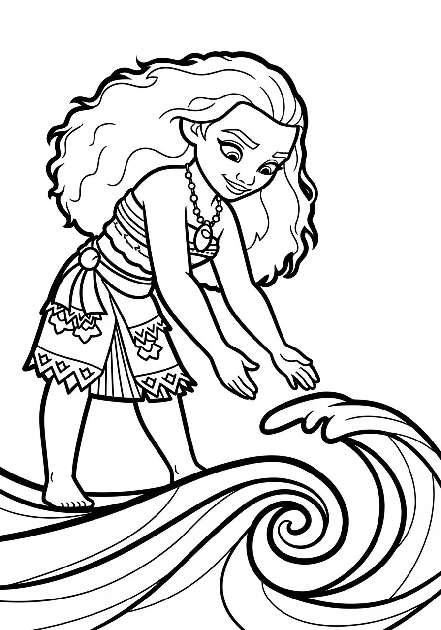 Moana touching the ocean coloring page