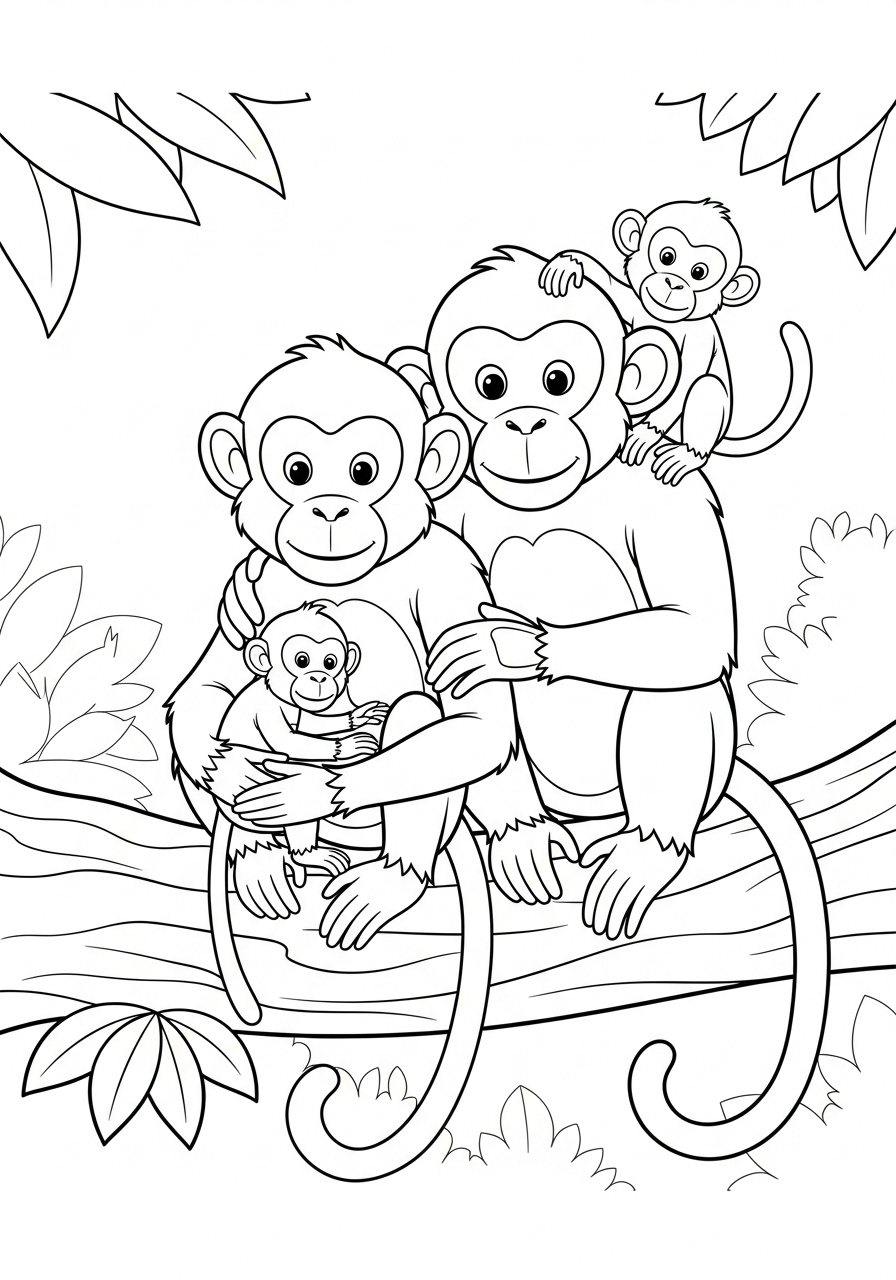 Monkey family on branch coloring page