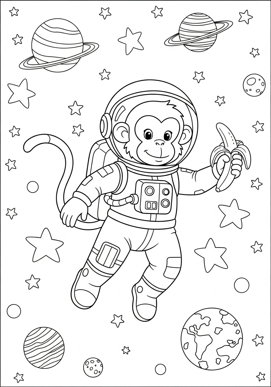 Monkey floating in space coloring page