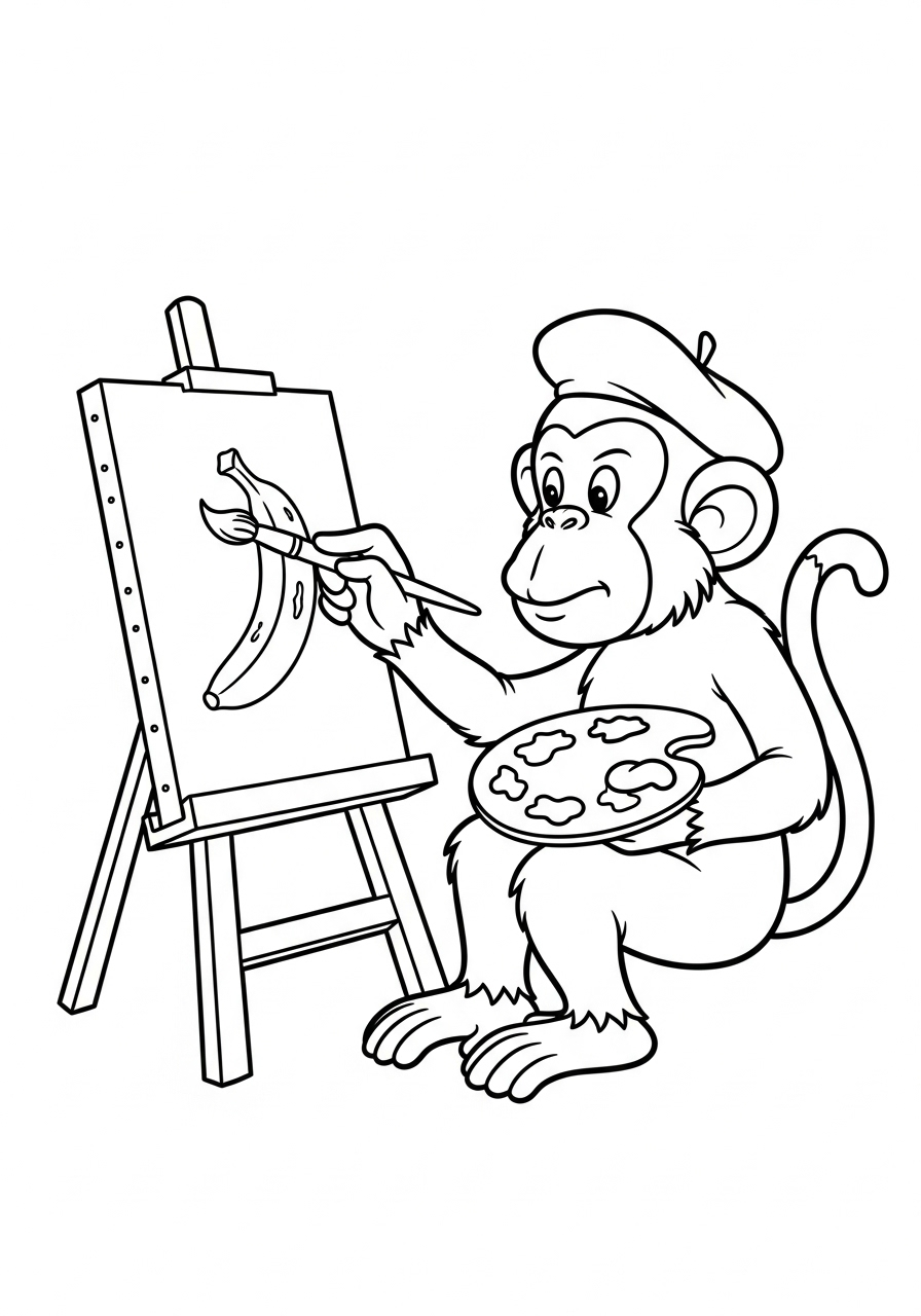 Monkey painting a picture coloring page