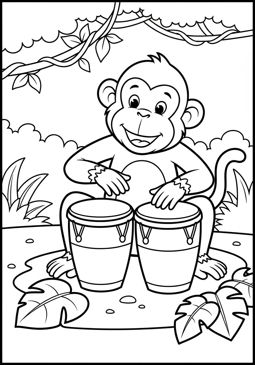 Monkey playing bongo drums coloring page