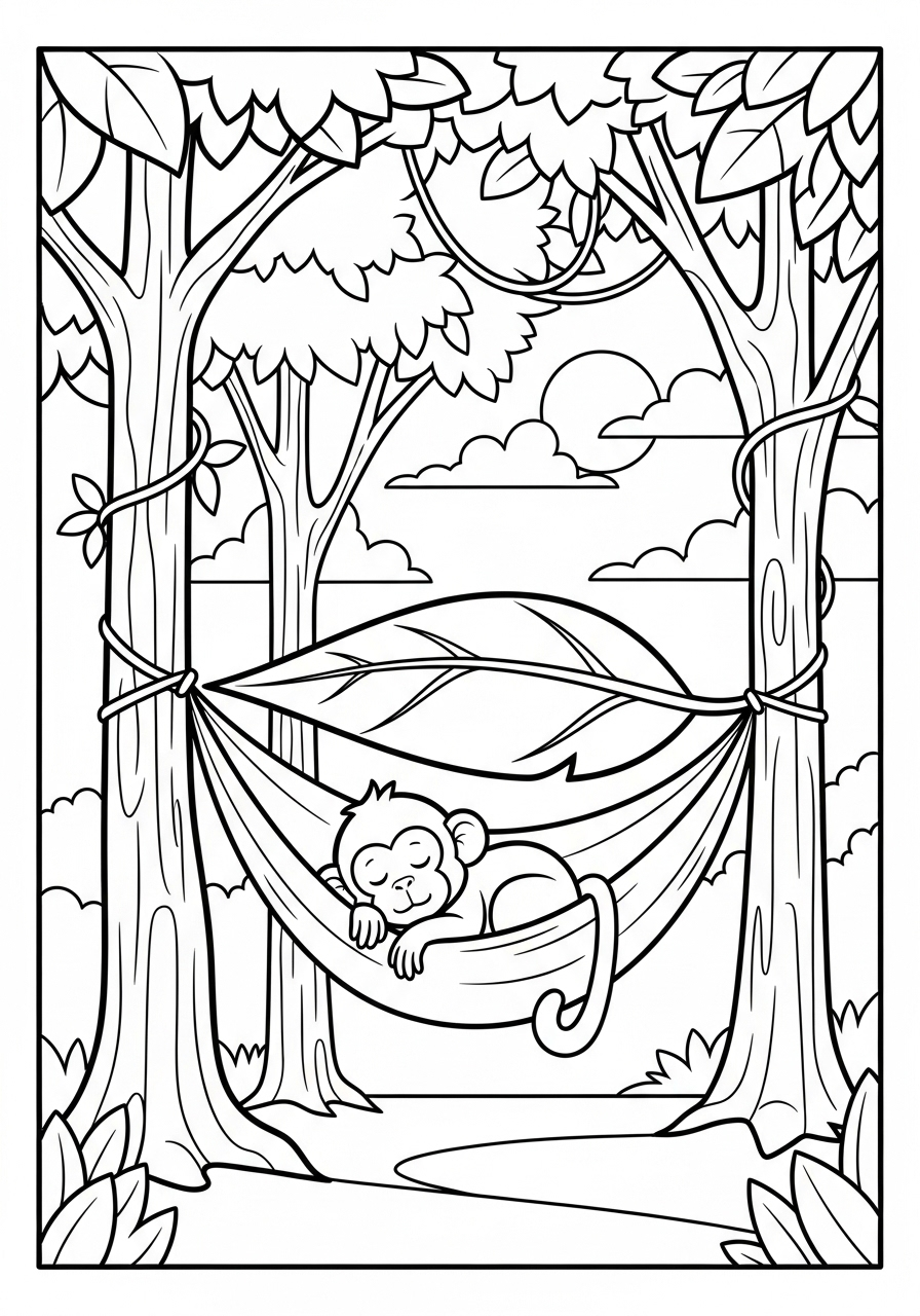 Monkey sleeping in hammock coloring page