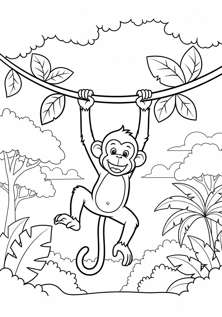 Monkey swinging on vine coloring page