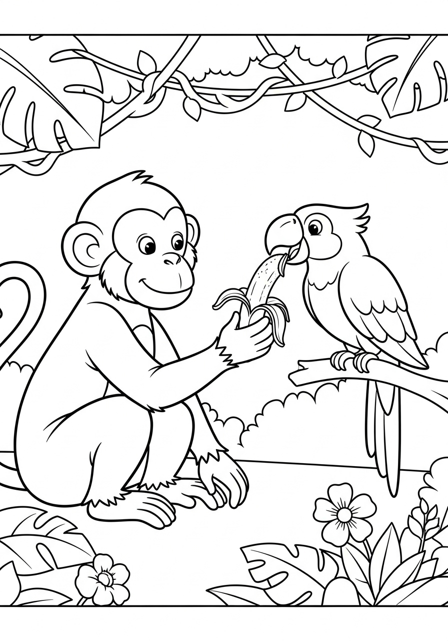 Monkey with parrot friend coloring page