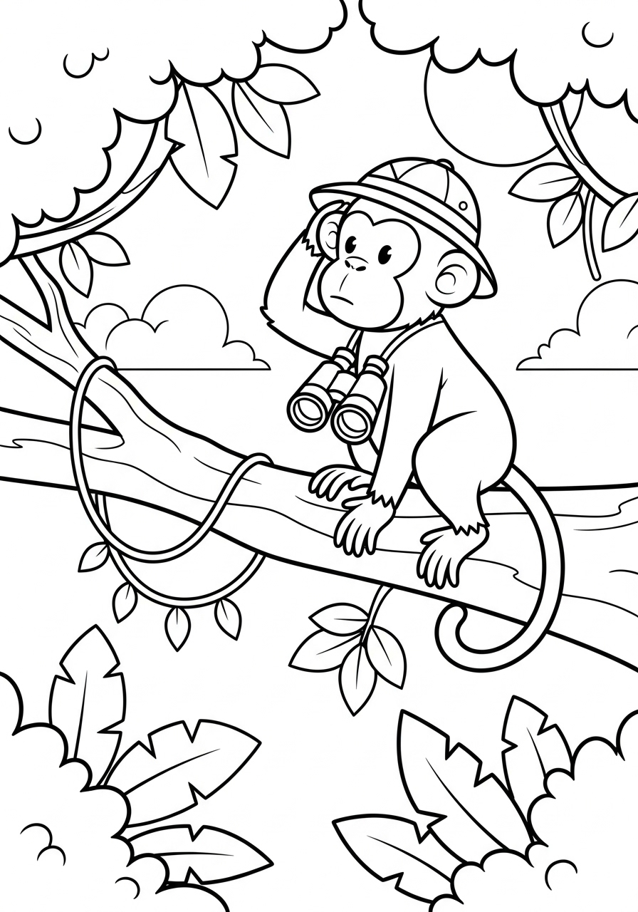 Monkey with safari binoculars coloring page
