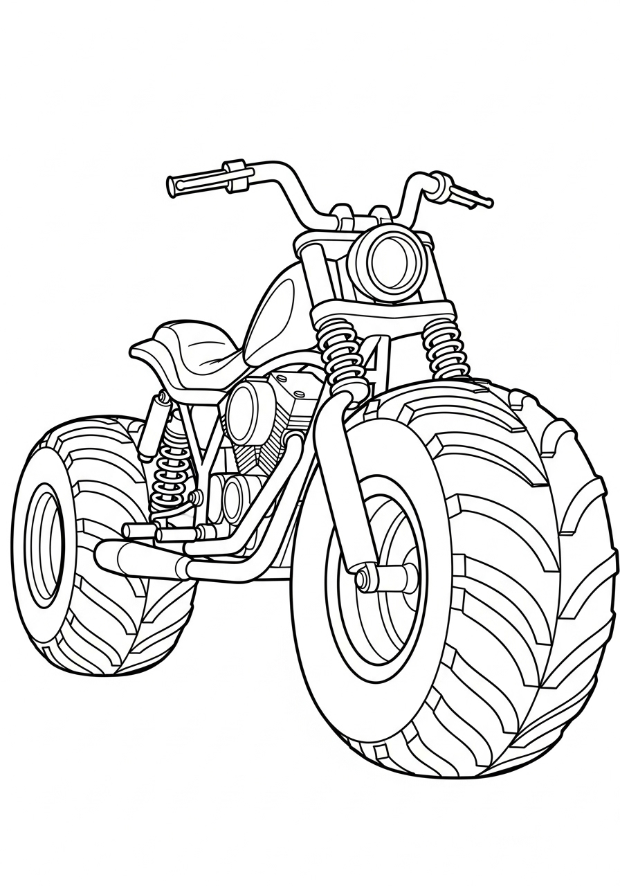 Monster truck style motorcycle, huge tires coloring page