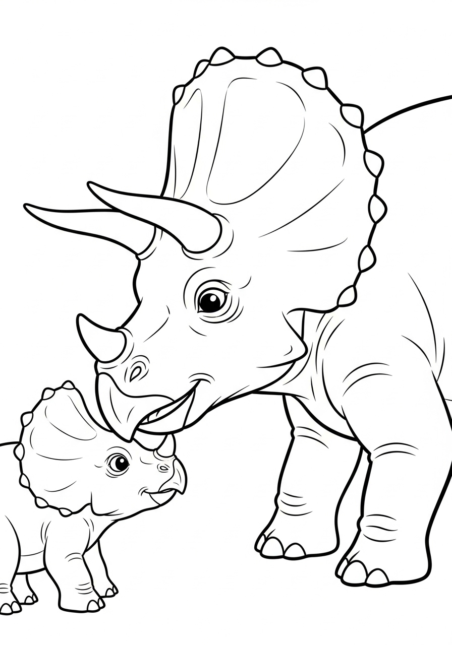 Mother and baby Triceratops nuzzling coloring page