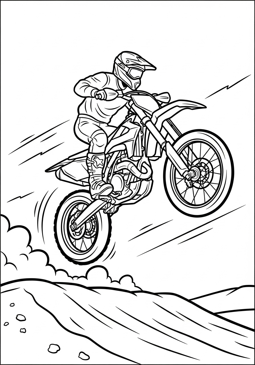 Motocross dirt bike mid-air jump coloring page