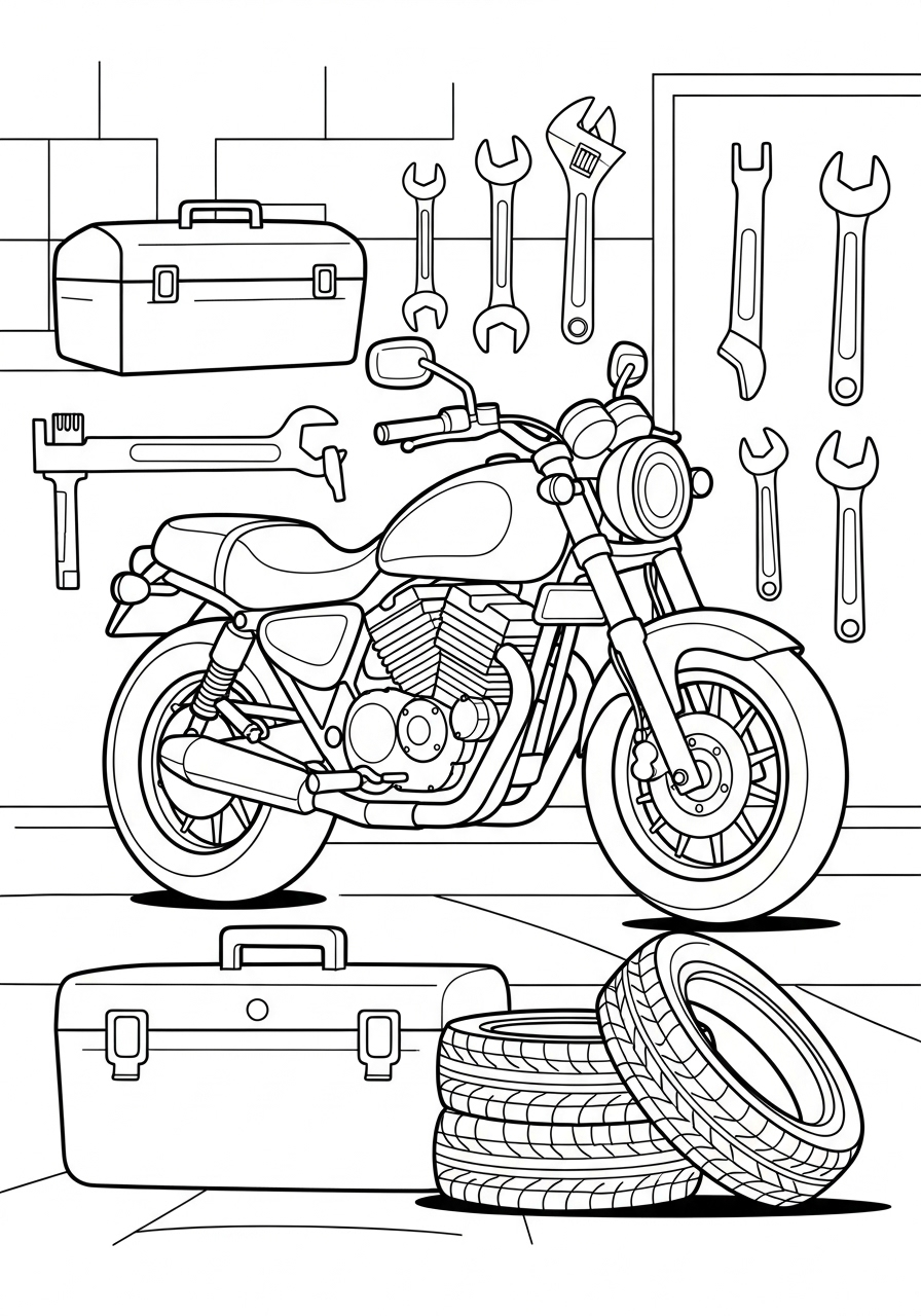 Motorcycle in garage surrounded by tools coloring page