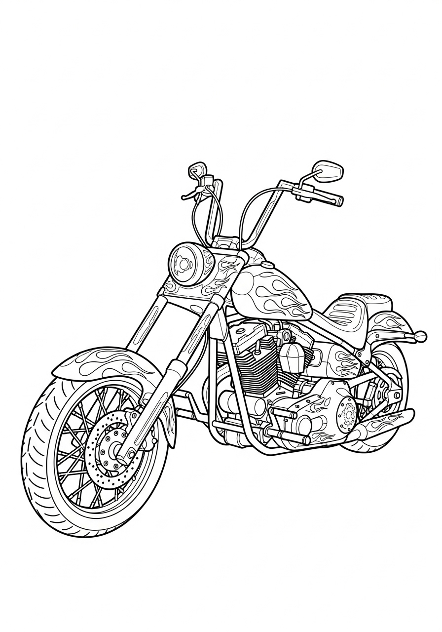 Motorcycle with cool flame decals coloring page