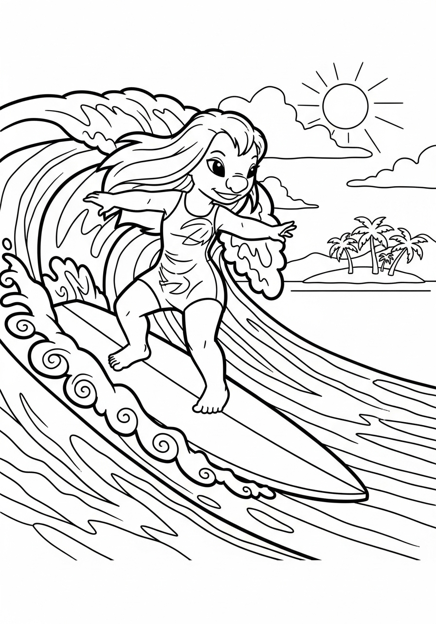 Lilo & Stitch Coloring Pages 10 Nani skillfully surfing wave coloring page