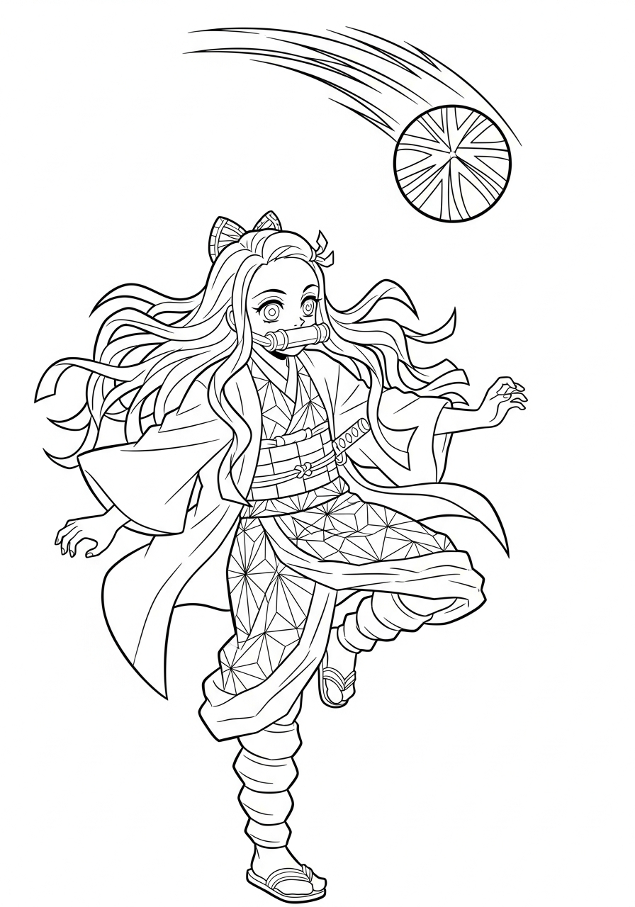 Nezuko kicking the temari ball coloring page