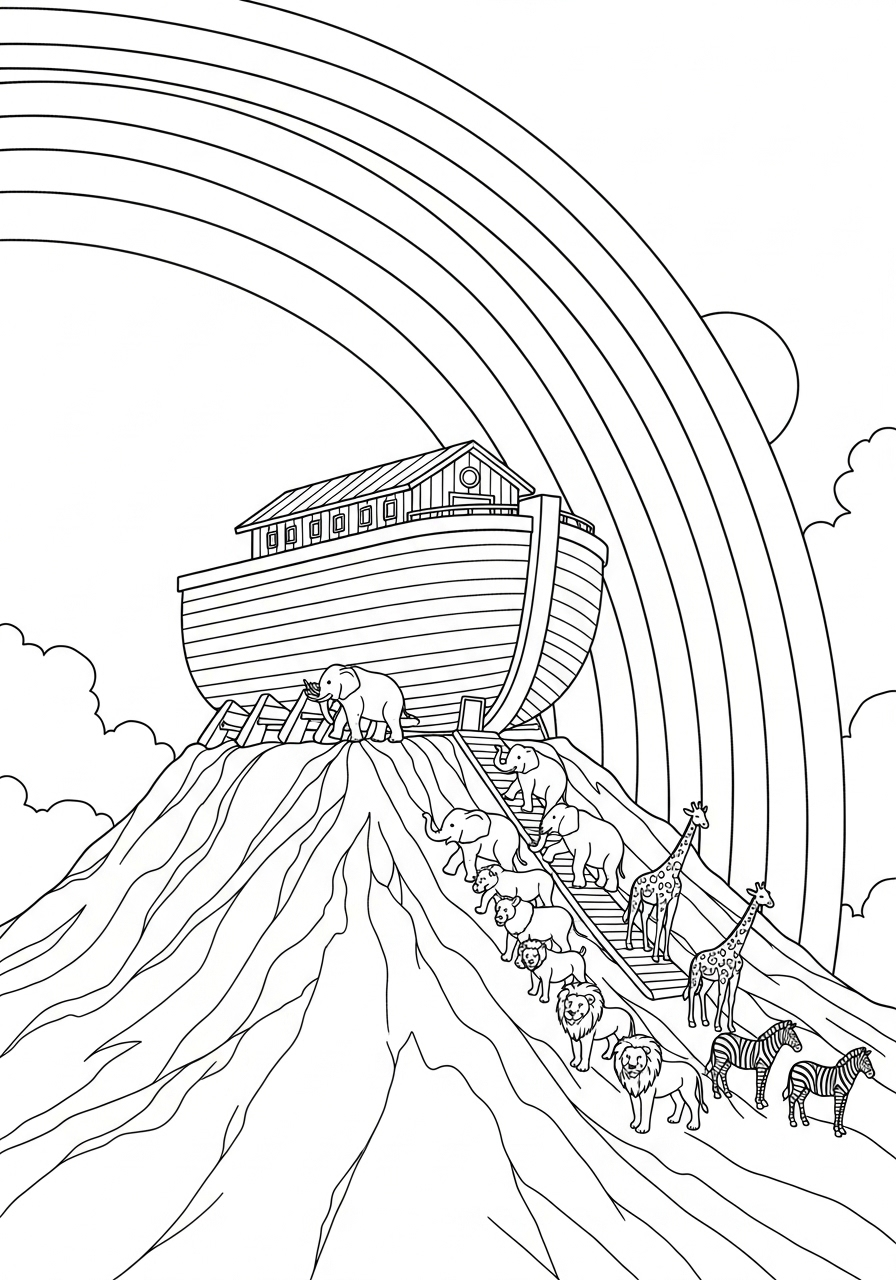 Noah’s Ark and rainbow coloring page