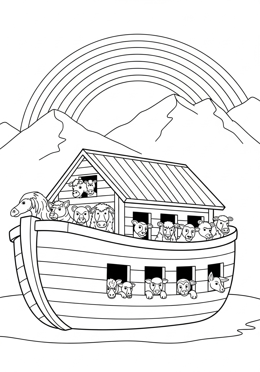 Noah’s Ark rainbow mountain coloring page