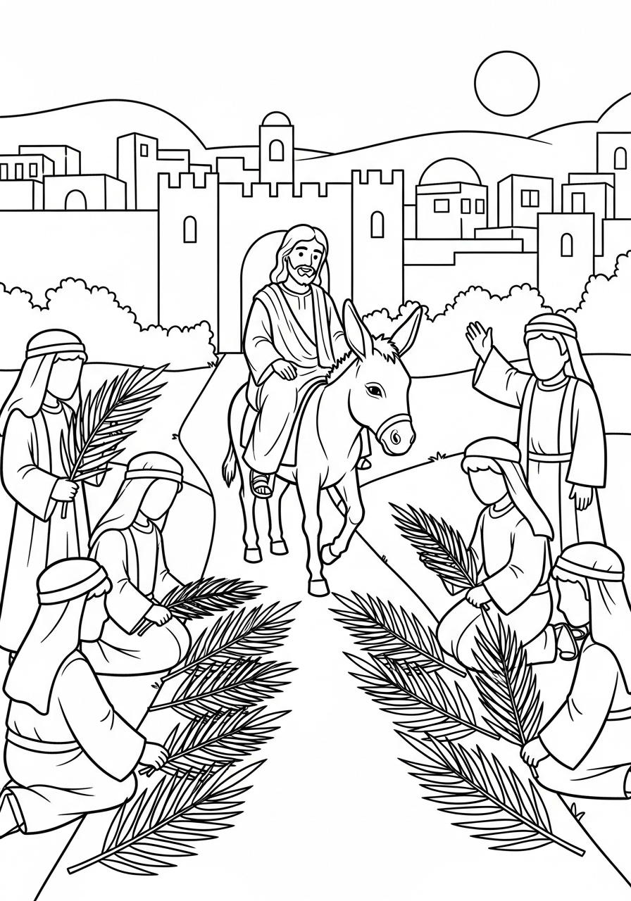 Jesus Coloring Pages 11 Palm Sunday ride on a donkey coloring page