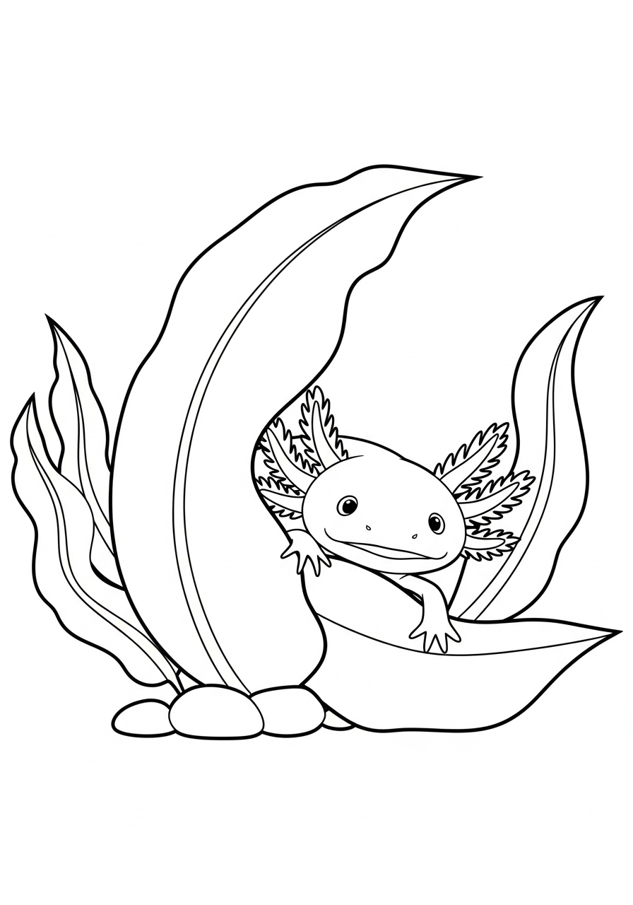 Peeking Axolotl behind rock coloring page