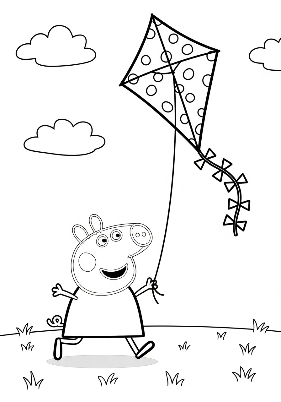 Peppa Pig Coloring Pages 18 Peppa Pig happily flying a kite coloring page