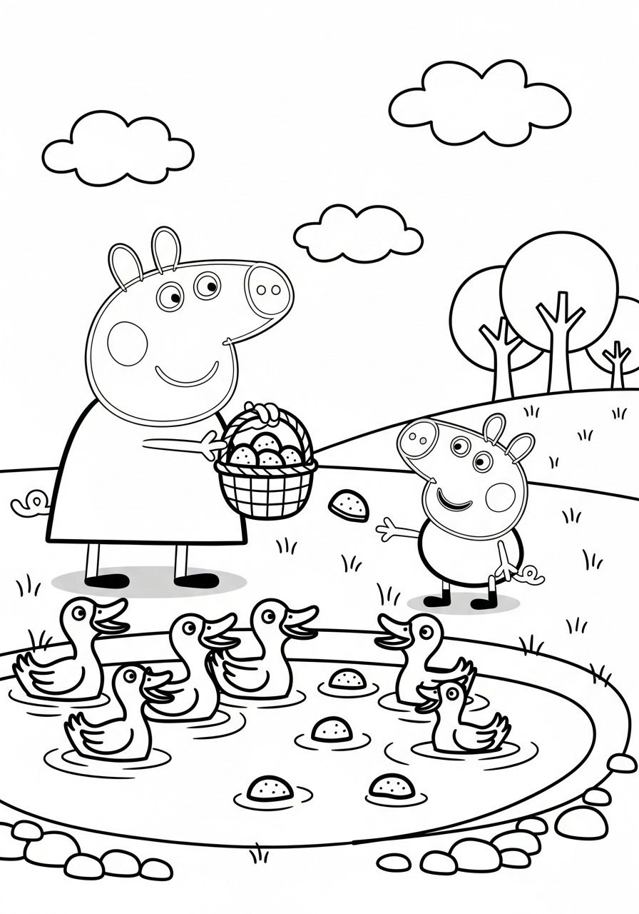 Peppa Pig Coloring Pages 6 Peppa and George feeding ducks coloring page