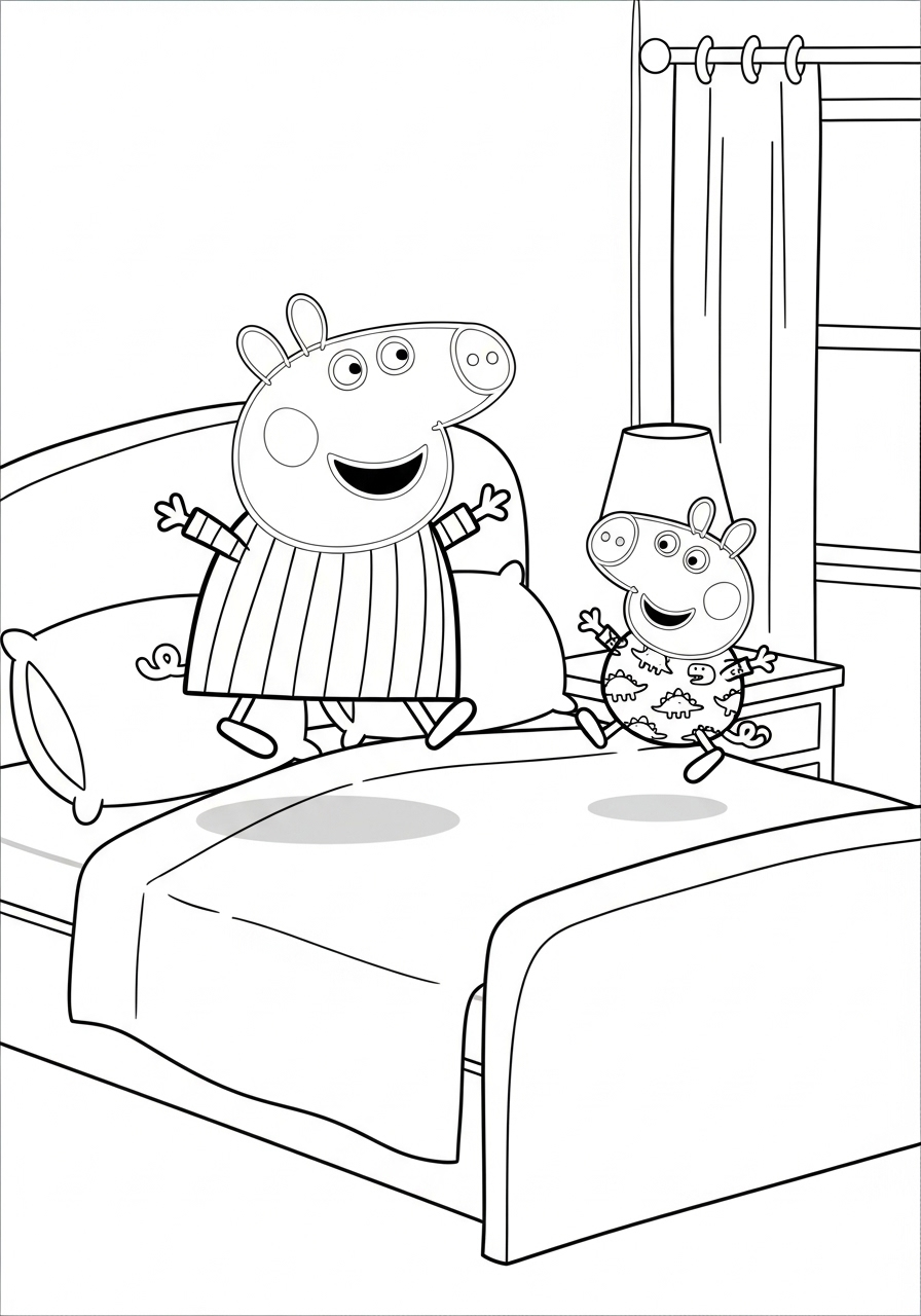 Peppa Pig Coloring Pages 7 Peppa and George jumping on bed coloring page