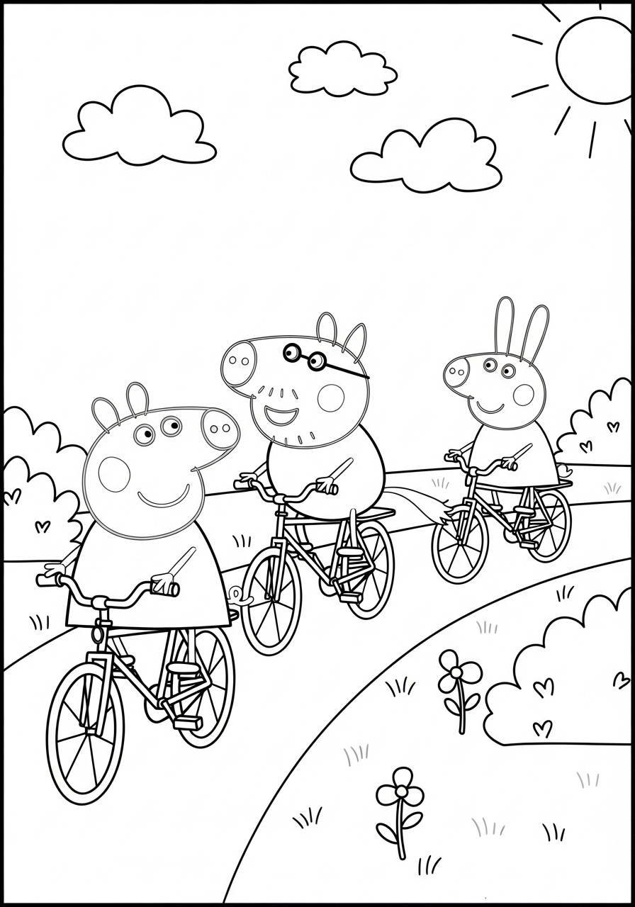Peppa Pig Coloring Pages 5 Peppa and friends in bike race coloring page