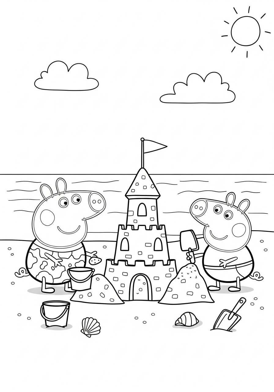 Peppa Pig Coloring Pages 12 Peppa building a beach sandcastle coloring page