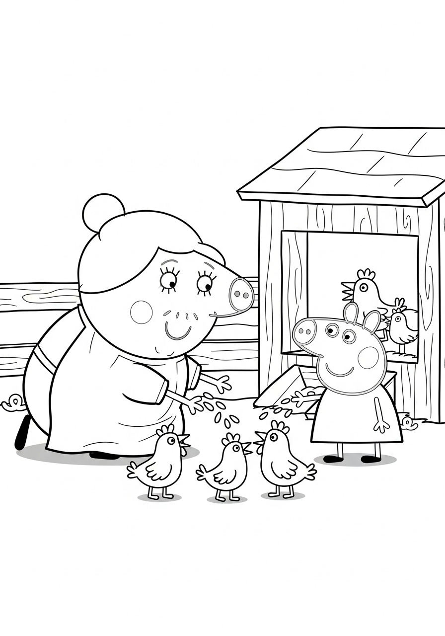 Peppa Pig Coloring Pages 13 Peppa feeding Granny Pig’s chickens coloring page