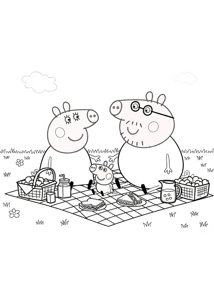 Peppa Pig Coloring Pages 22 Pig family enjoying a picnic coloring page