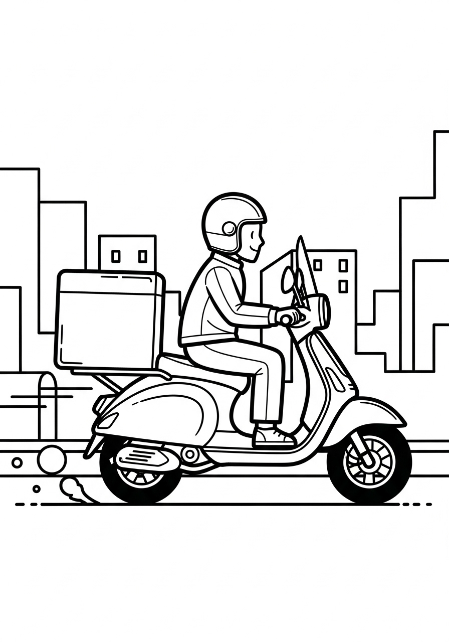 Pizza delivery scooter in a city coloring page