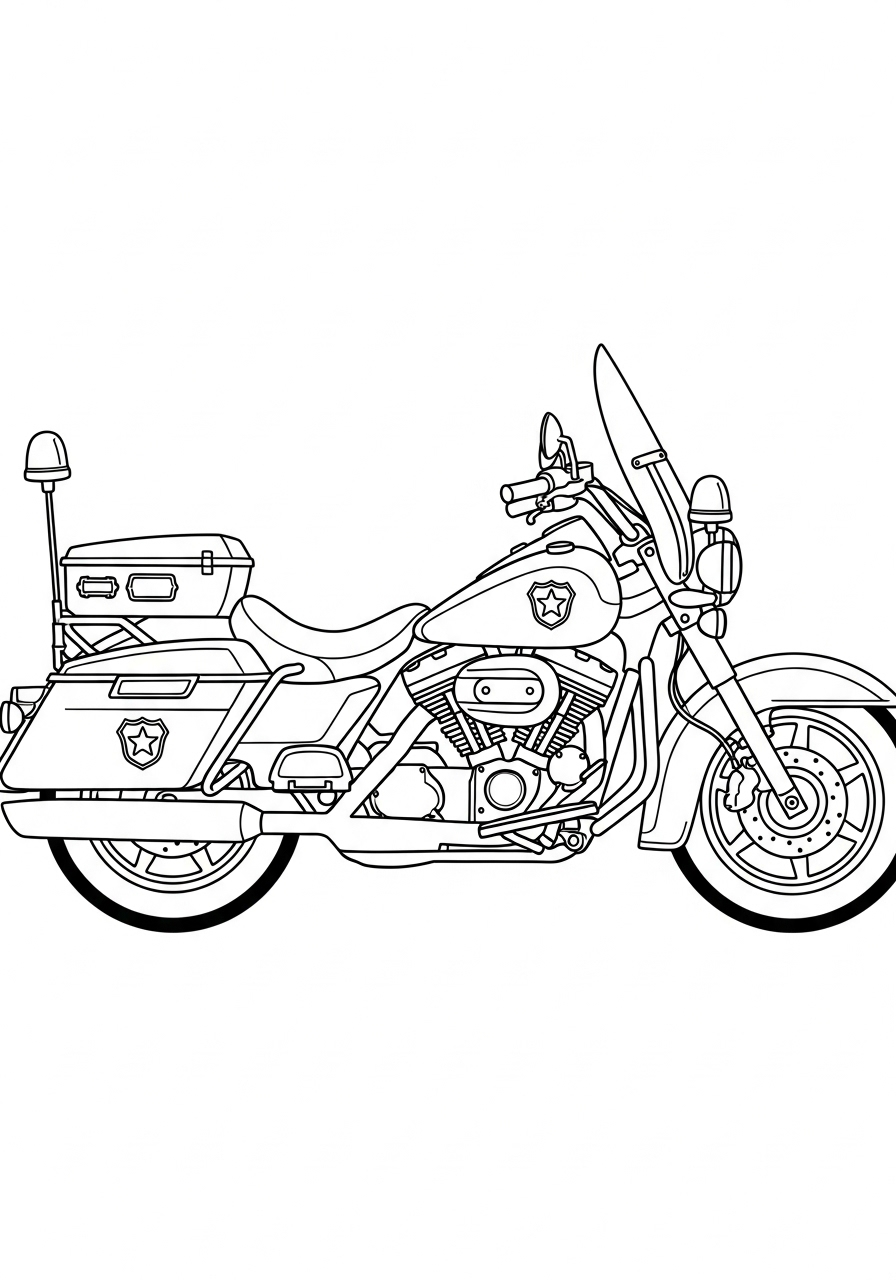 Police motorcycle with sirens, side view coloring page