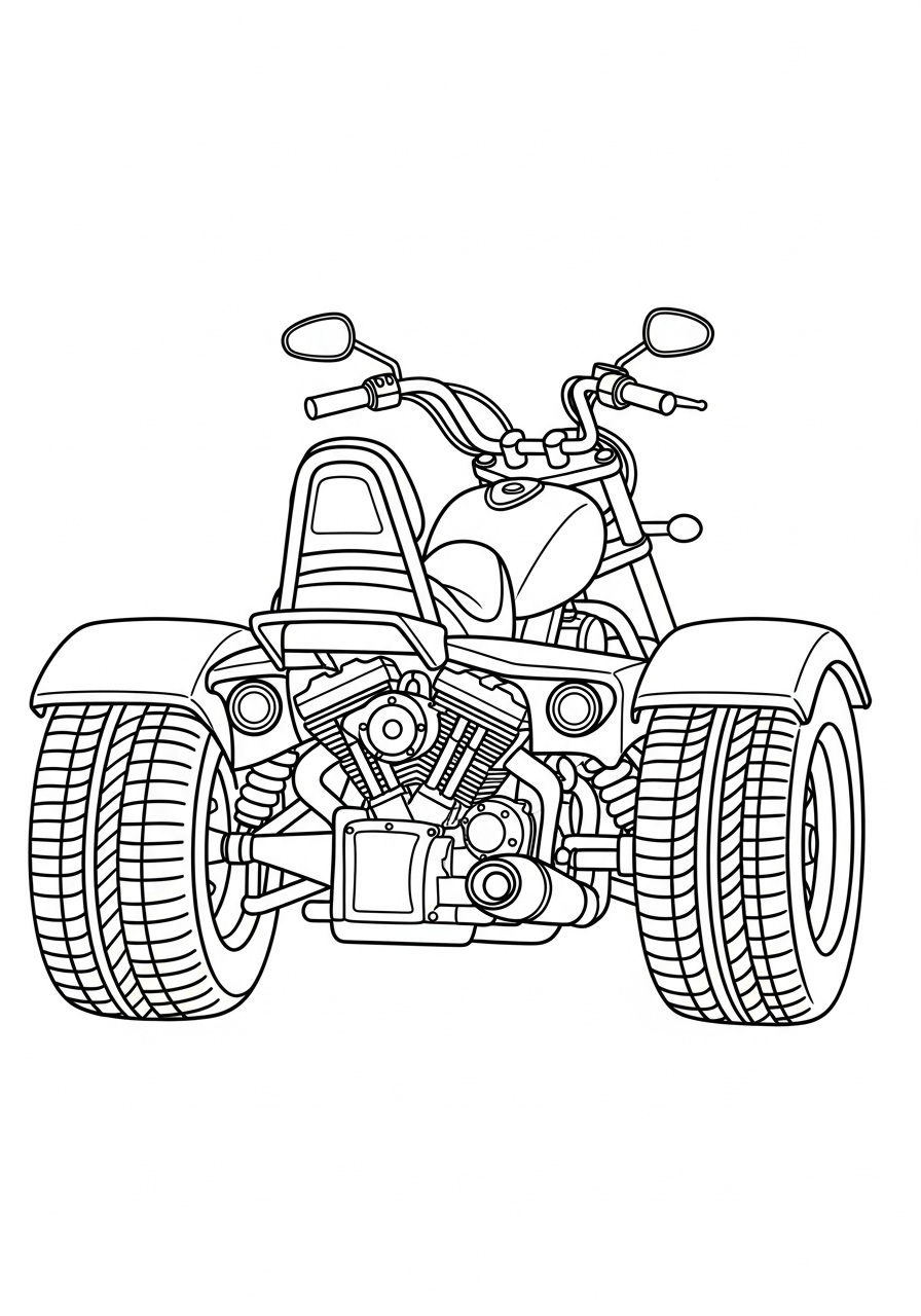 Powerful three-wheel trike motorcycle, rear view coloring page